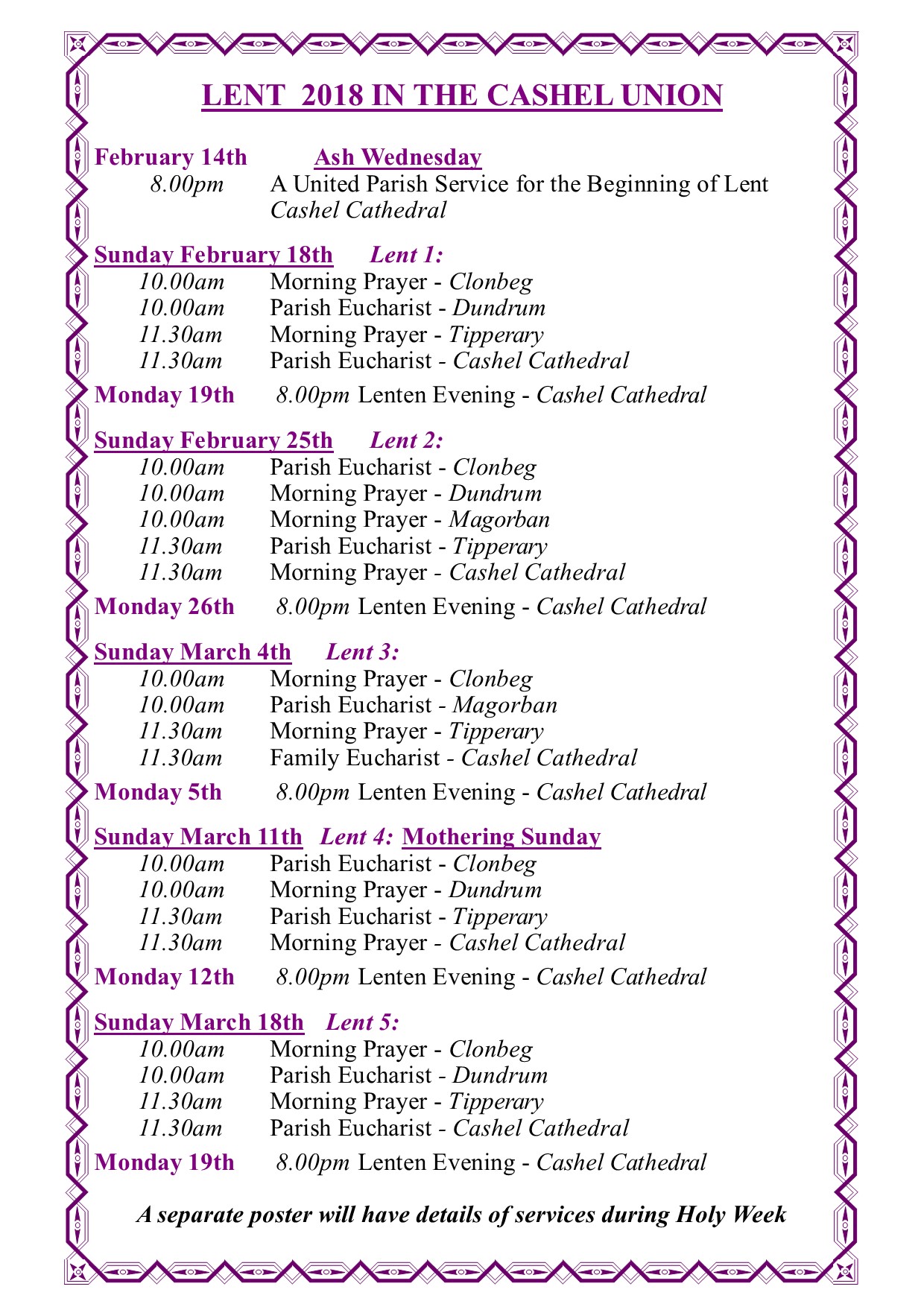 Lent Services Churches and Times 2018